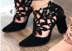 Women's Floral Cutout Thick Heel Sandals Pointed Toe Shoes - Image 18