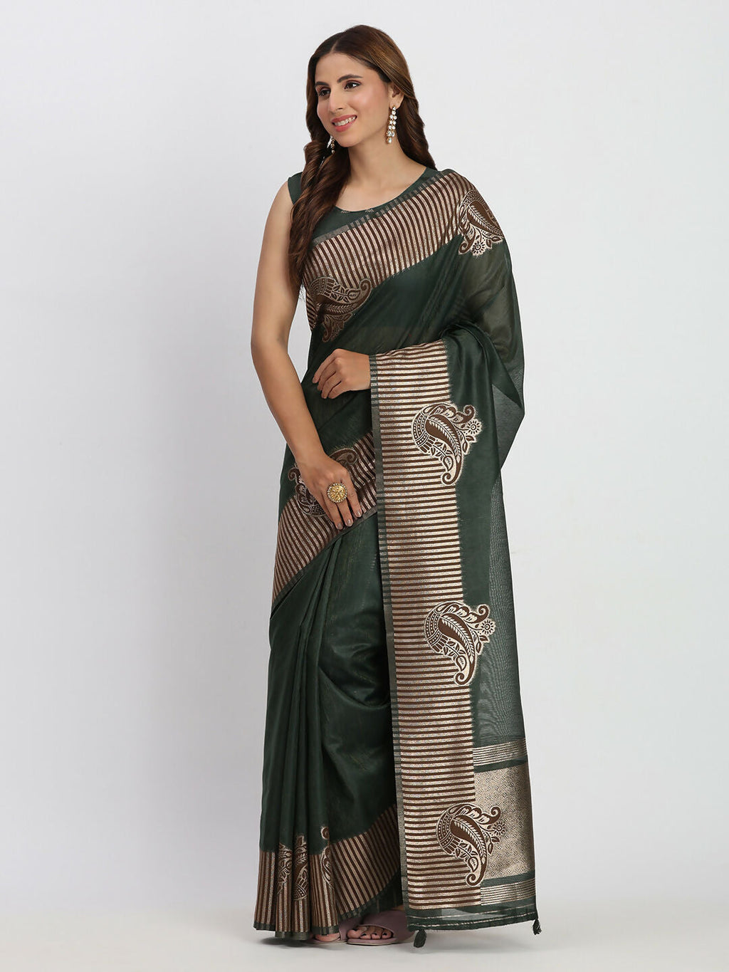 Shree Shyam Fashion Linen Cotton Dark Green Saree