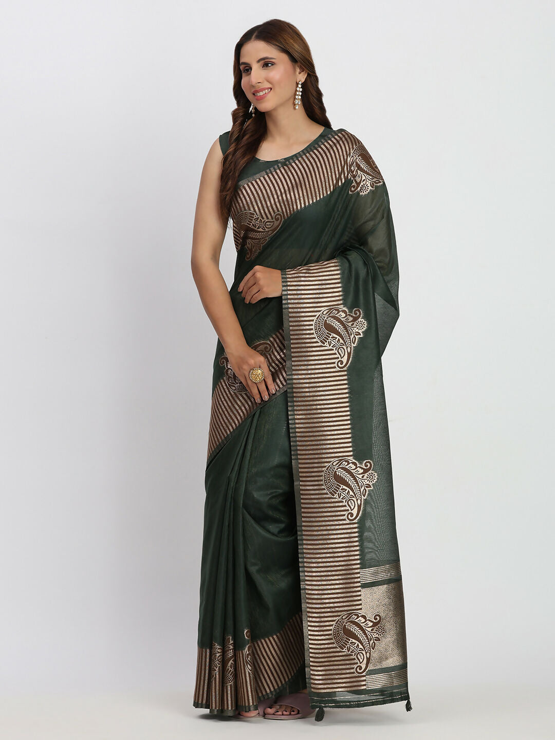 Shree Shyam Fashion Linen Cotton Dark Green Saree