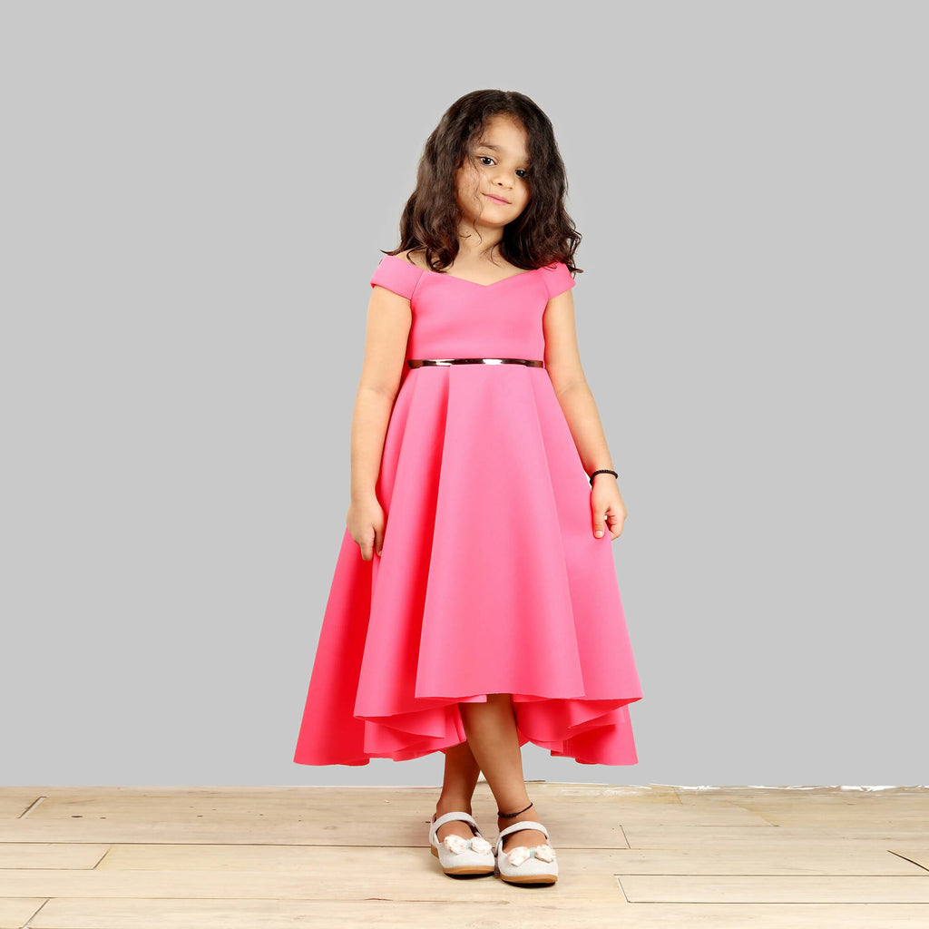 Pink scuba gown featuring a black waistband and a bow detail on the back