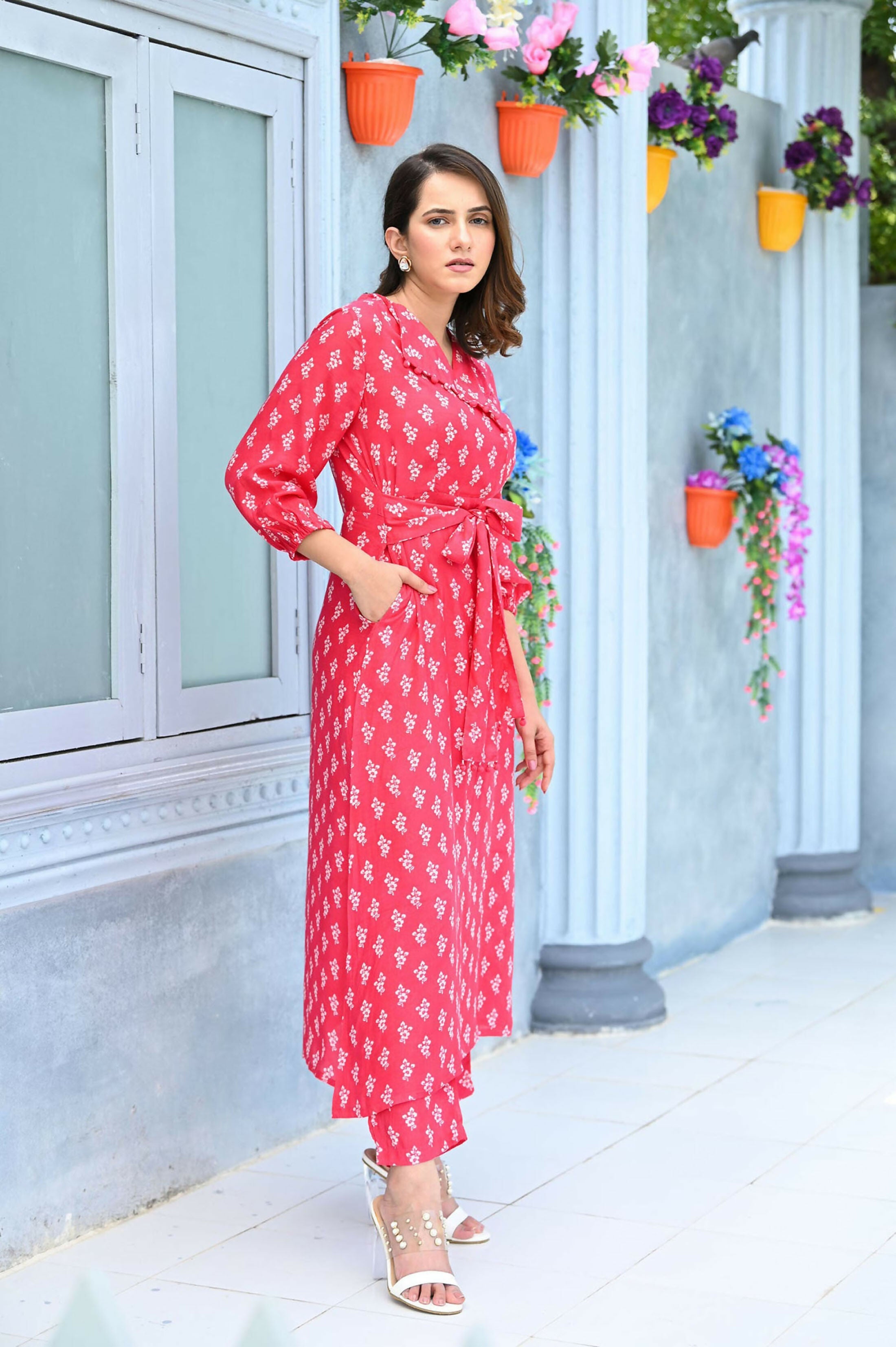 Women's Pink Muslin A-Line Kurta Pant Set with Digital Print