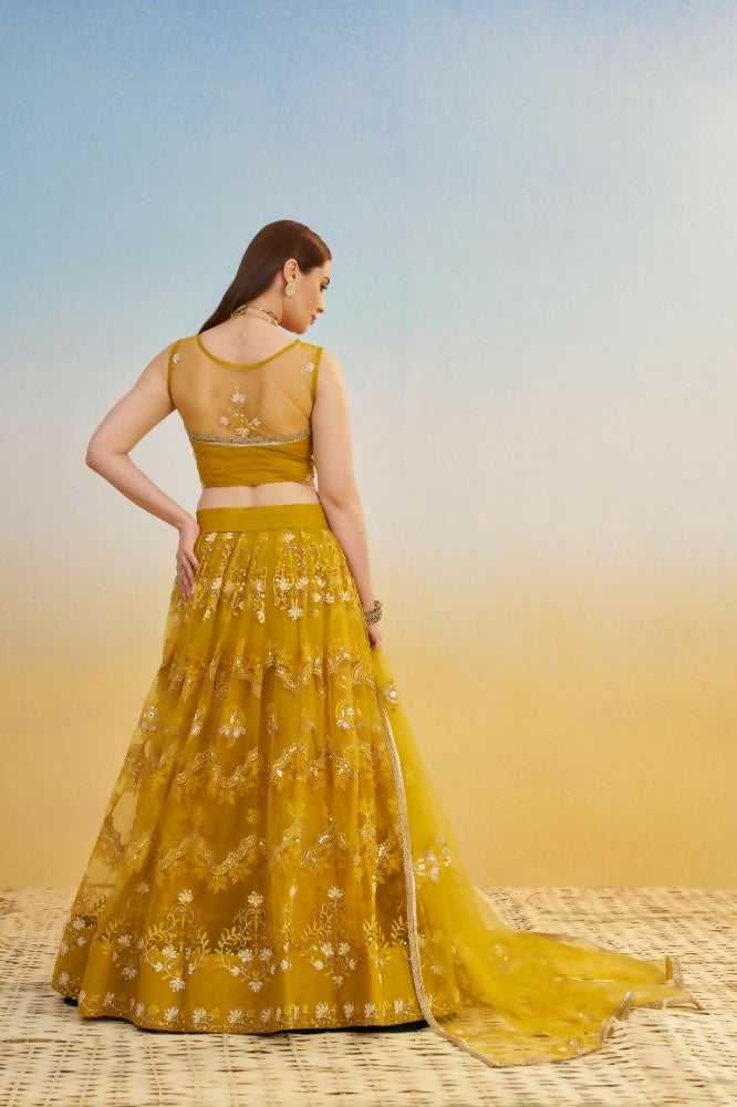 Mustard Yellow Butterfly Net Lehenga with Sequence Embroidery