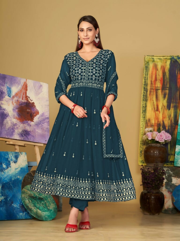 Rama Georgette Embroidered Anarkali Kurta Pant Set with Dupatta