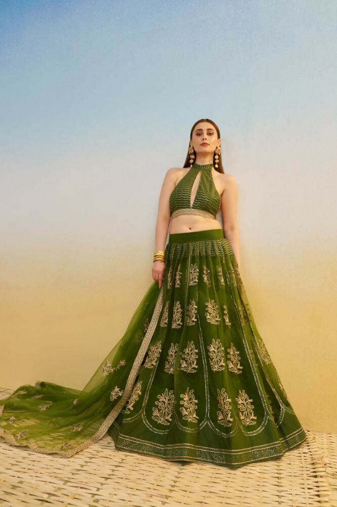 Mehandi Green Butterfly Net Lehenga Choli With Sequence Embroidery