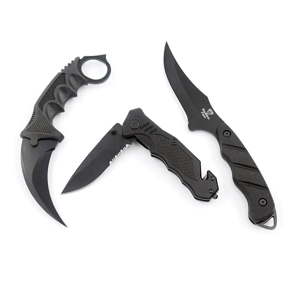 Snake Eye Tactical Triple Set Fixed Blade Mini Huntsman Folding Knife Outdoors Hunting Camping Fishing Self Defense (Black)