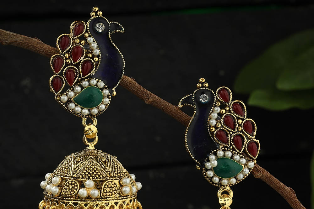 Traditional Peacock Design Multi Color Jhumka Earrings for Kids