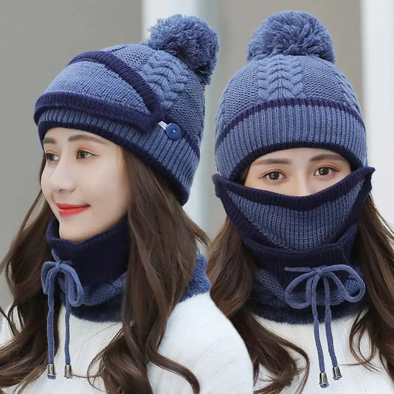 Women's 3-Piece Knitted Beanie Hat and Scarf Set with Face Mask - Image 4