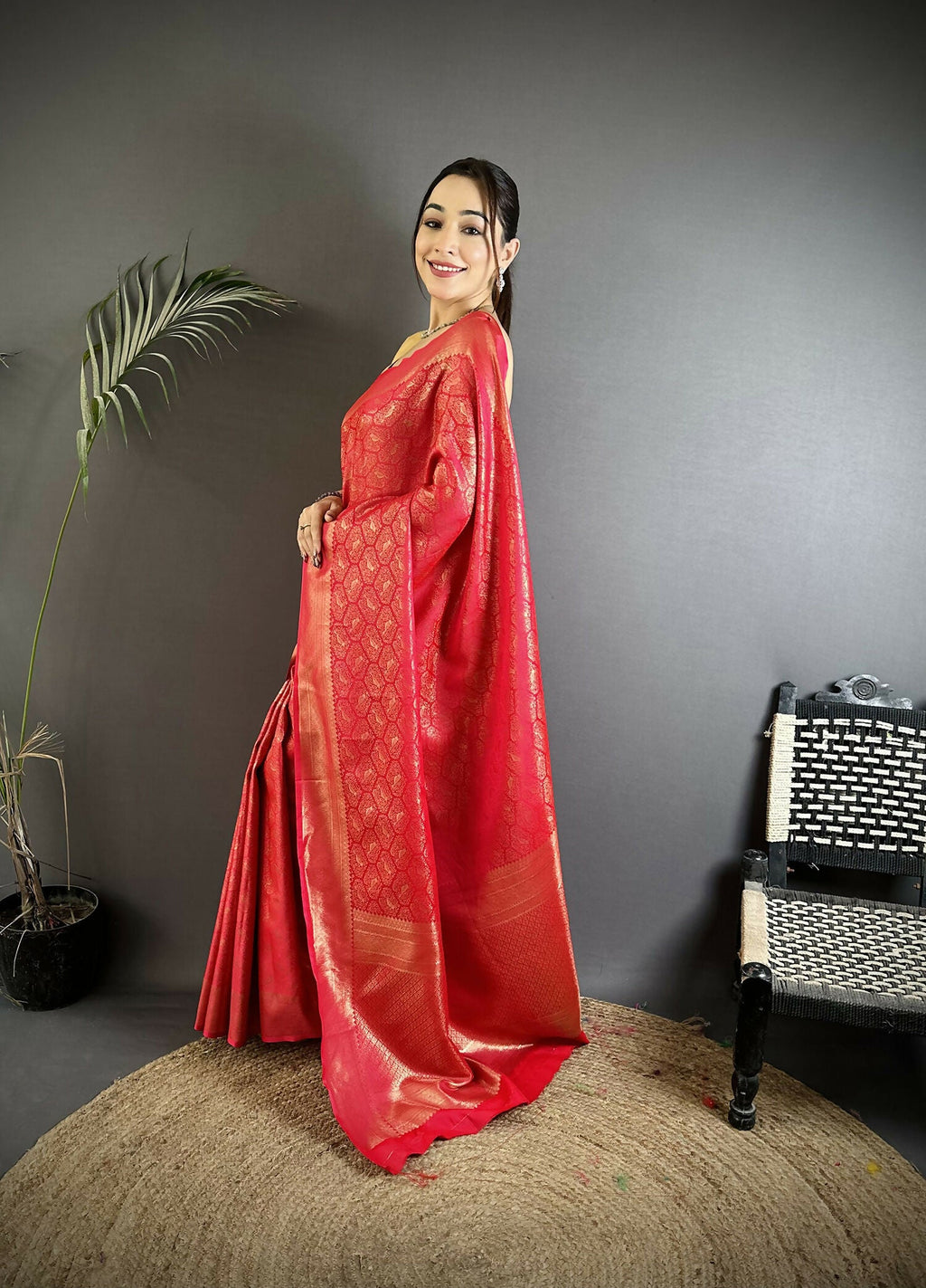 Red Paisley & Floral Print Soft Satin Silk Banarasi Saree