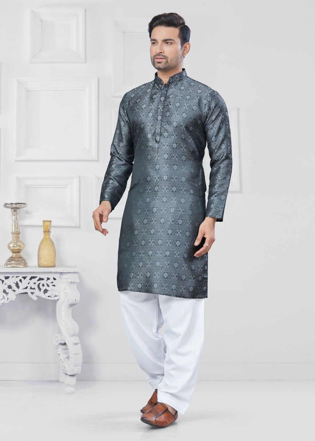 Men's Grey Jacquard Silk Kurta Pyjama Set - Traditional Ethnic Wear