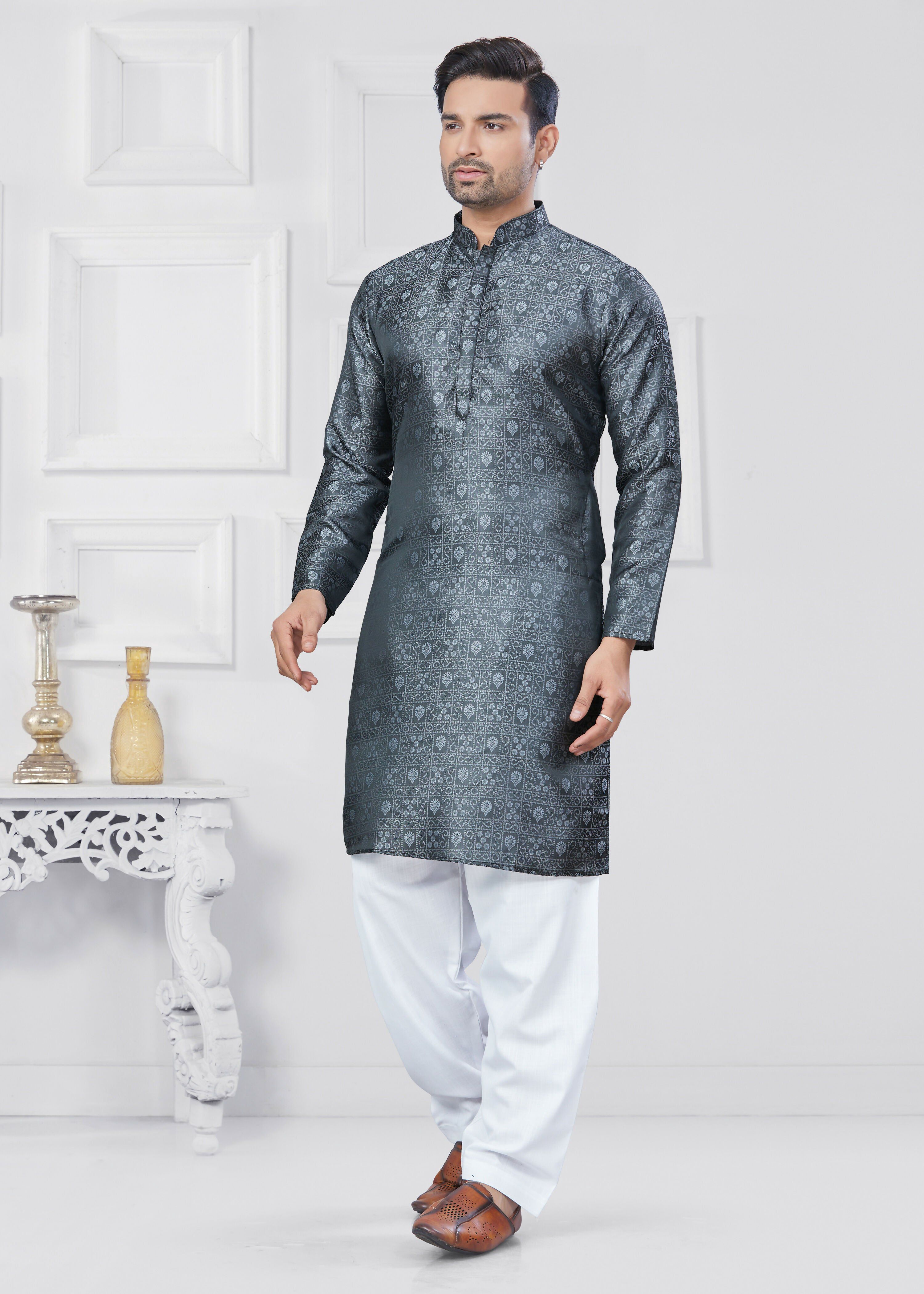 Men's Grey Jacquard Silk Kurta Pyjama Set - Traditional Ethnic Wear