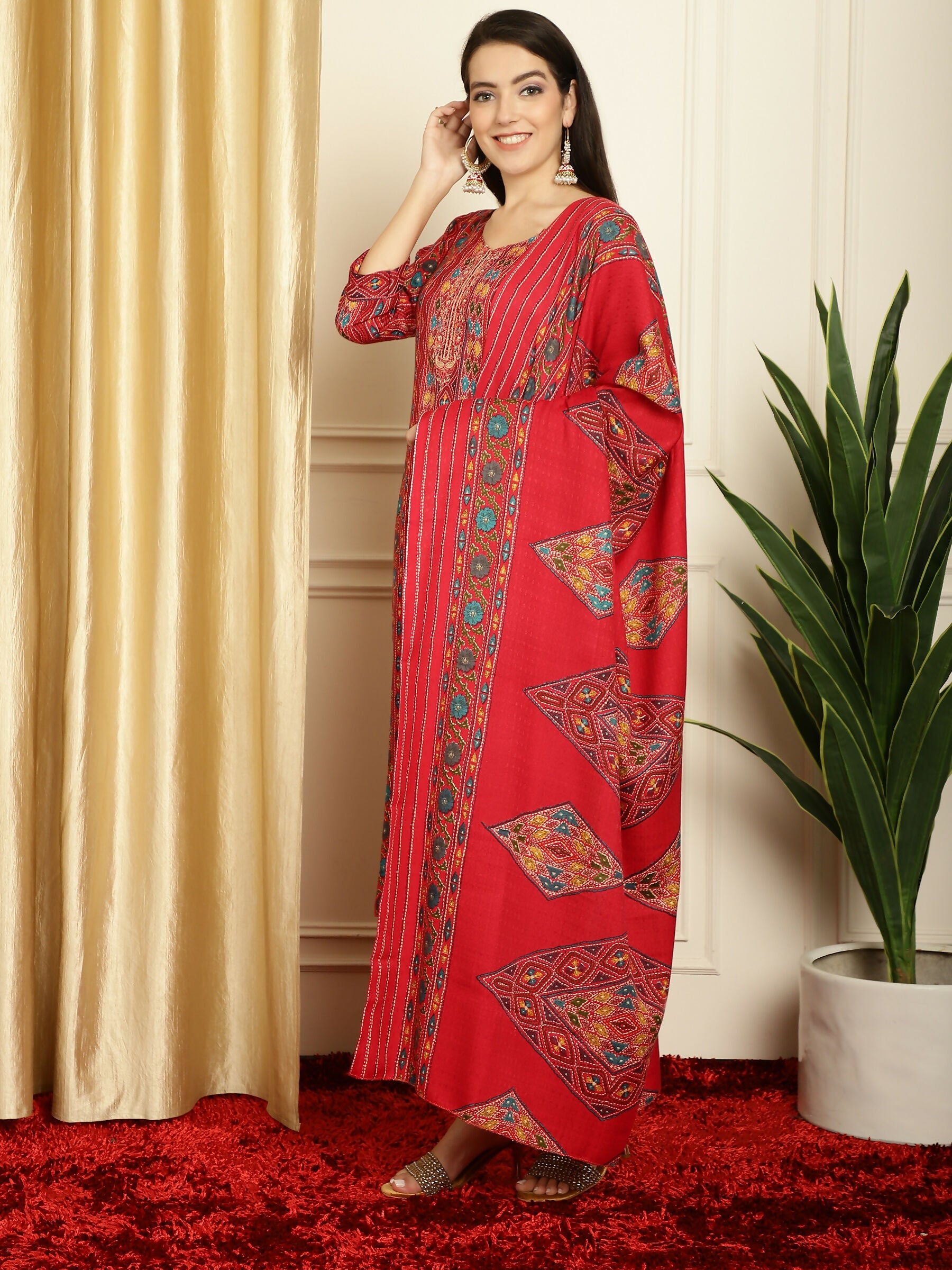 Women's Red Pashmina Floral Digital Printed Kurta Trouser Dupatta Set