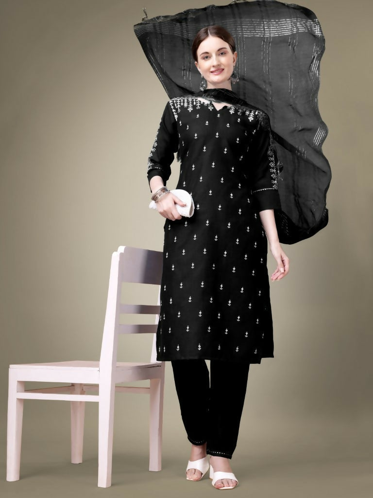 Black cotton blend straight kurta with embroidery and sequence work, paired with trousers and dupatta.