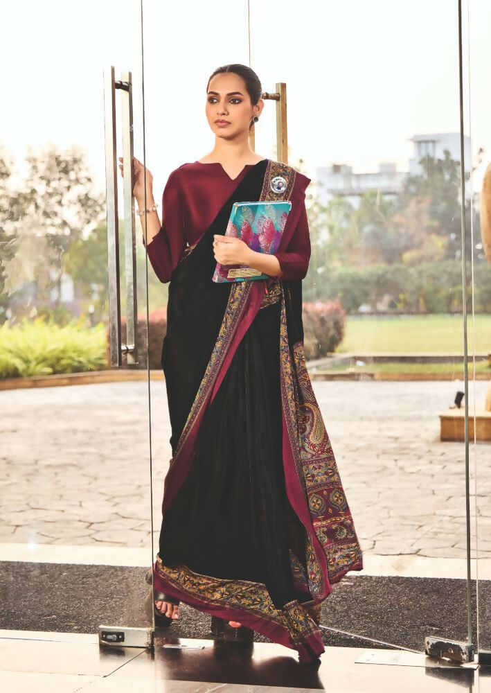 Black Crepe Silk Saree with Traditional Print for Party Wear