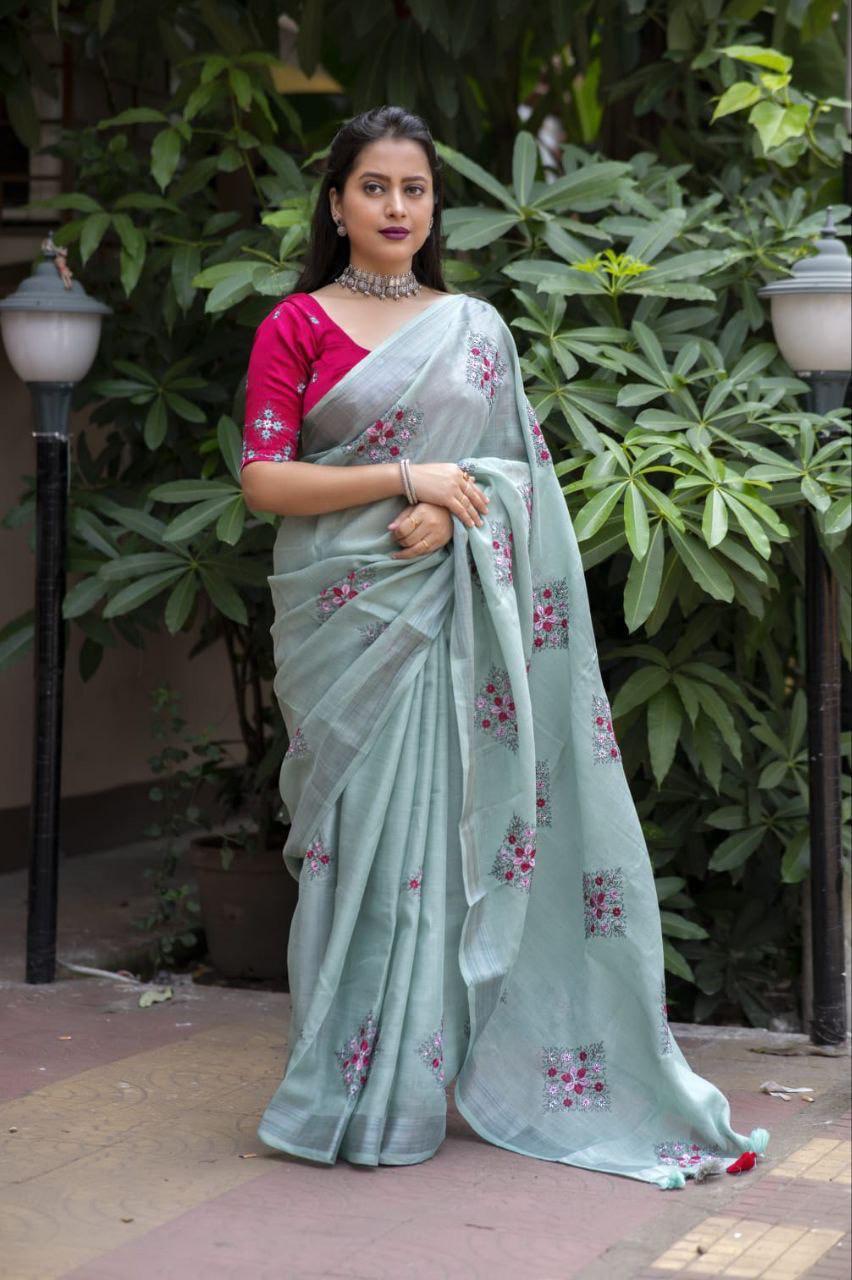 Pine Pure Linen Ethnic Motifs Saree with Unstitched Blouse - Hiral Fashion