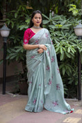 Pine Pure Linen Ethnic Motifs Saree with Unstitched Blouse - Hiral Fashion