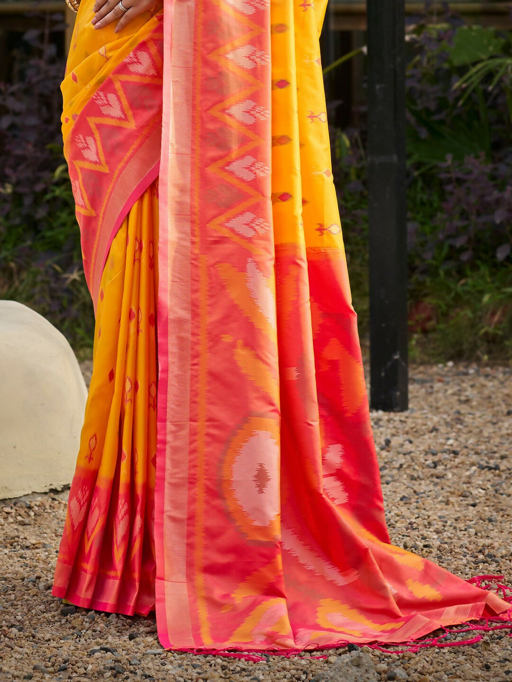 Yellow Soft Silk Saree with Pink Contrast Blouse