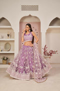 Lavender Butterfly Net lehenga with white thread work and zari embroidery