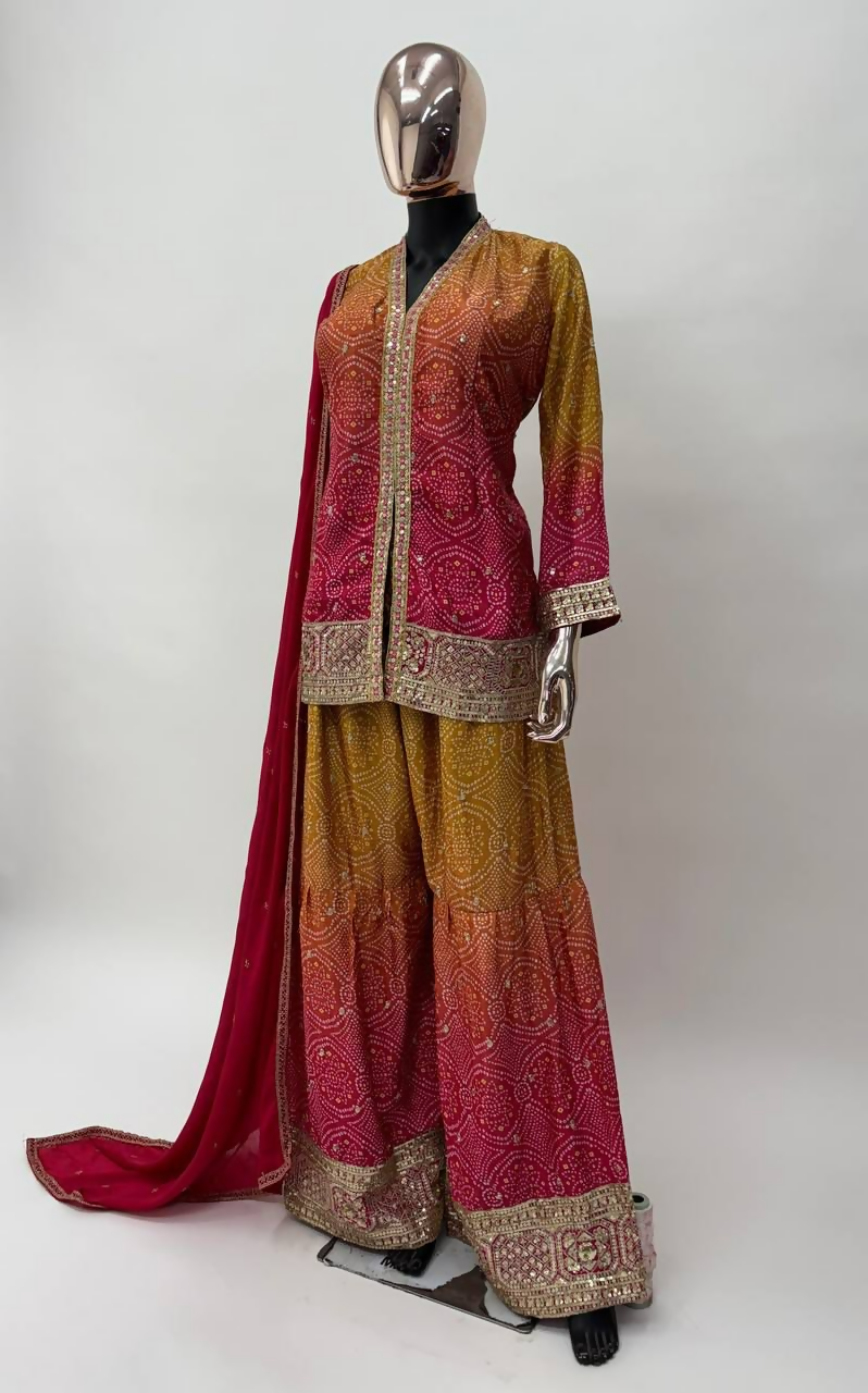 Yellow and Pink Chinon Embroidery Sequins Work Salwar Kameez