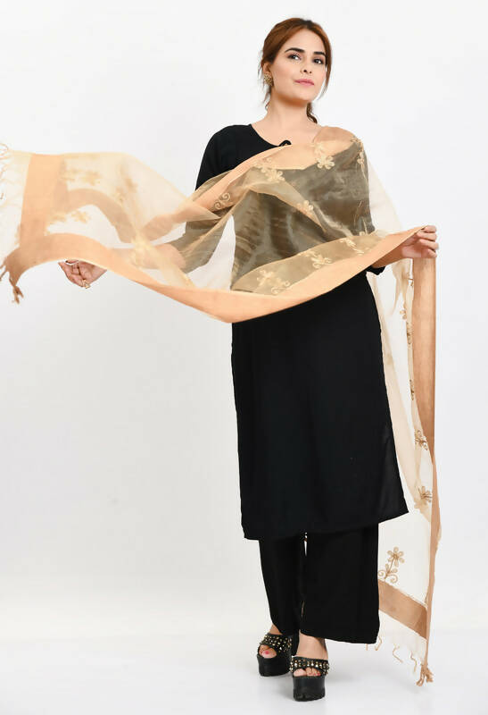 Golden Organza Dupatta with All-Over Chikan Embroidery
