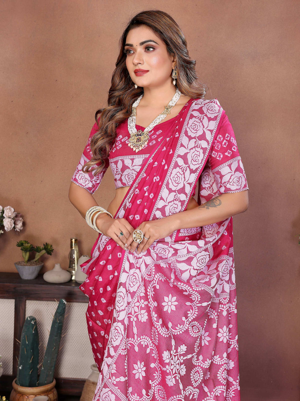 Pink Viscose Silk Saree with Handmade Original Bandhej Work