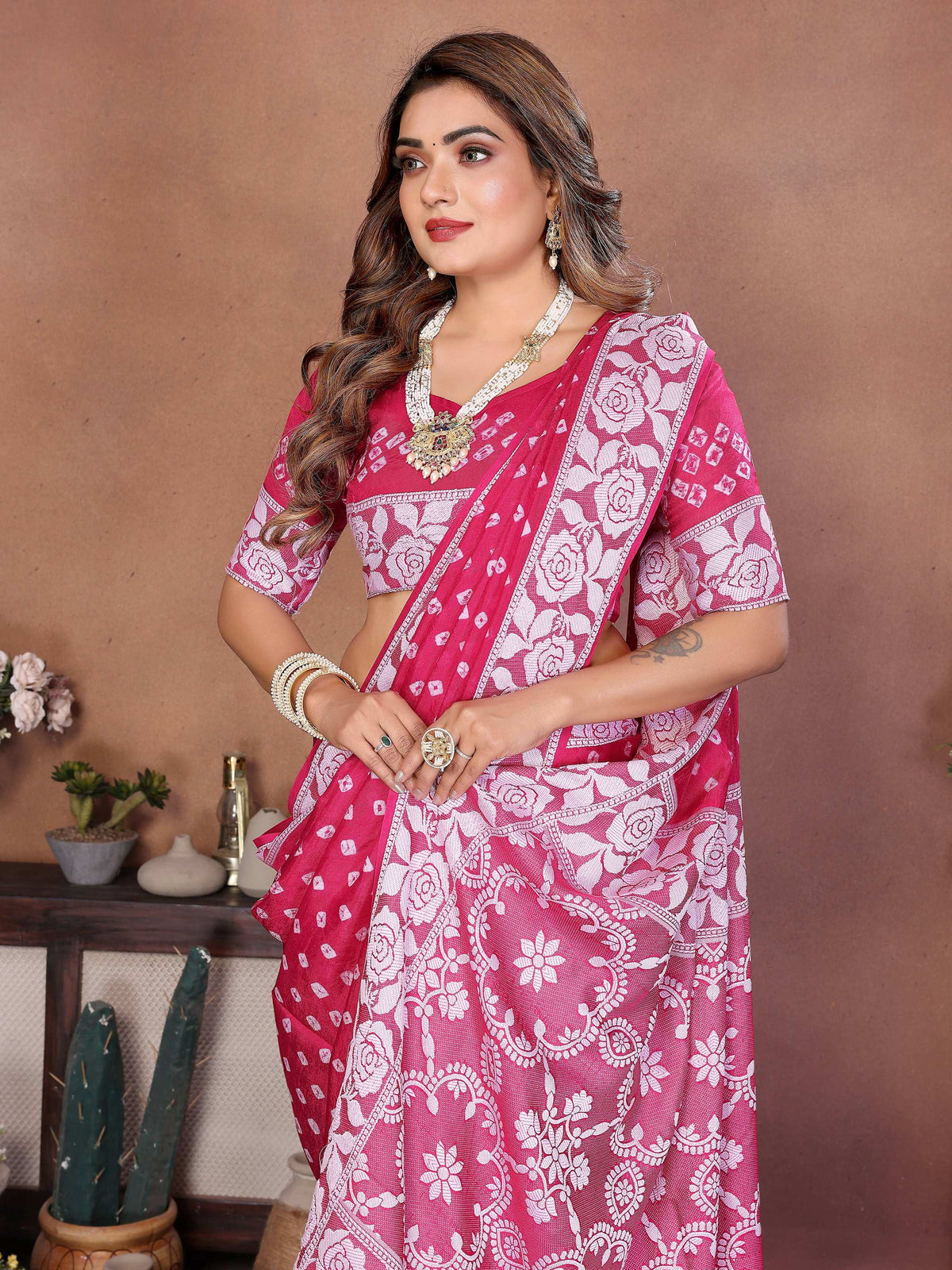 Pink Viscose Silk Saree with Handmade Original Bandhej Work