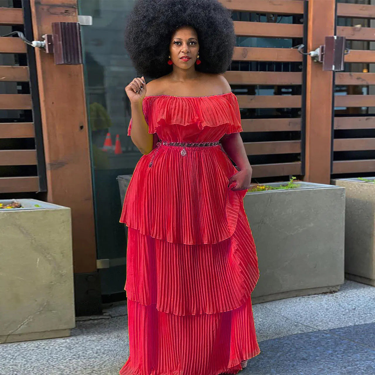 Plus Size Solid Color Off Shoulder Tiered Dress