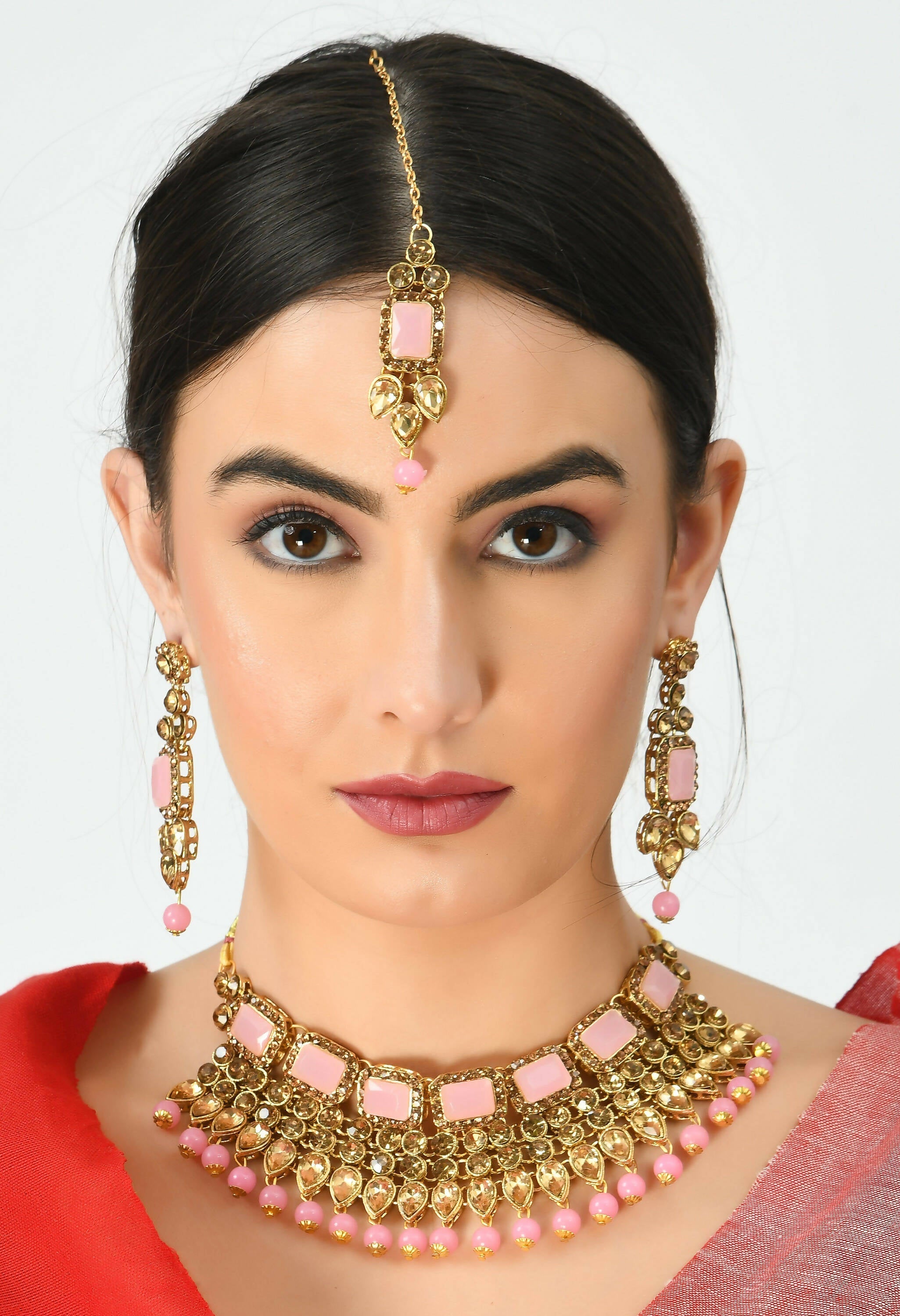 Baby Pink Gold-Polished Brass Kundan Stone Statement Choker