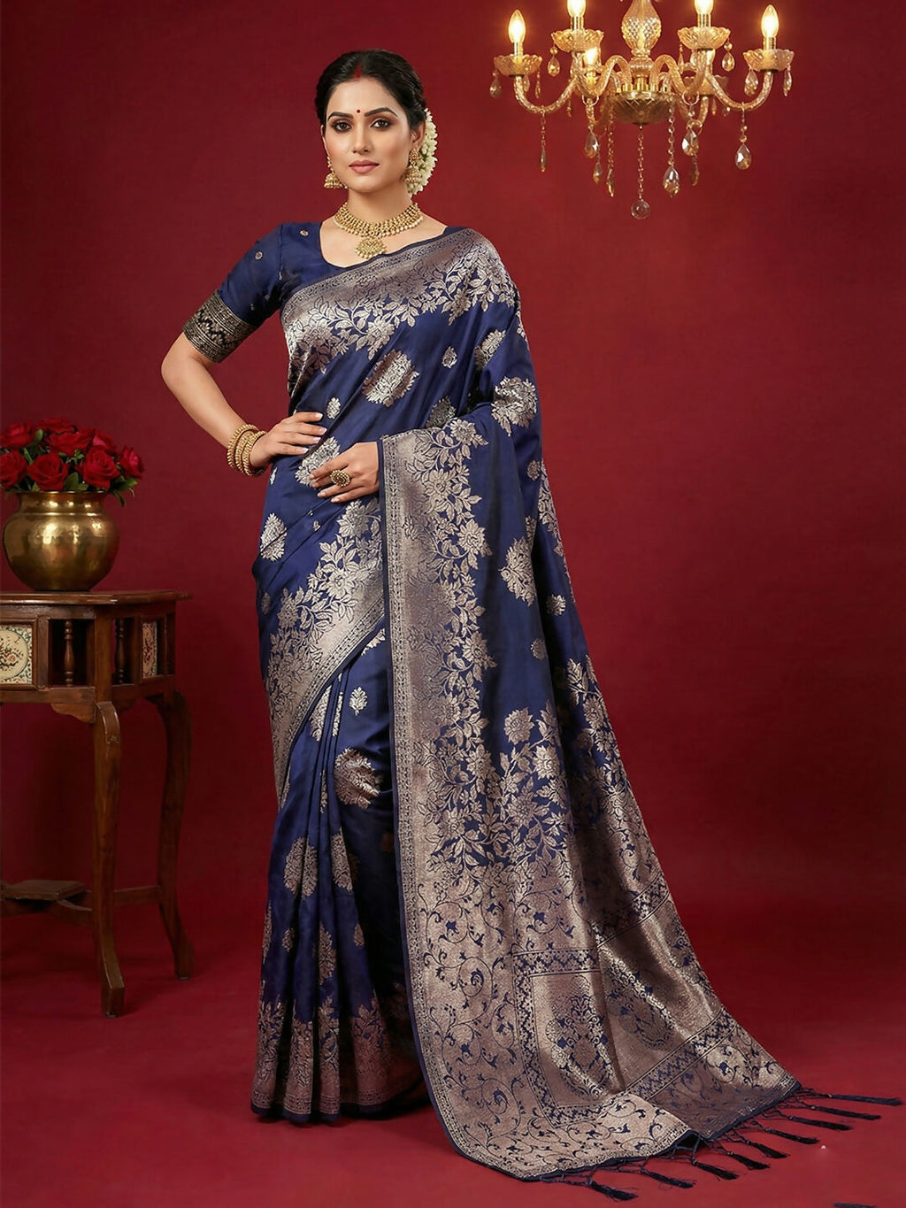 Elegant Navy Blue silk blend saree featuring a smooth, lustrous finish