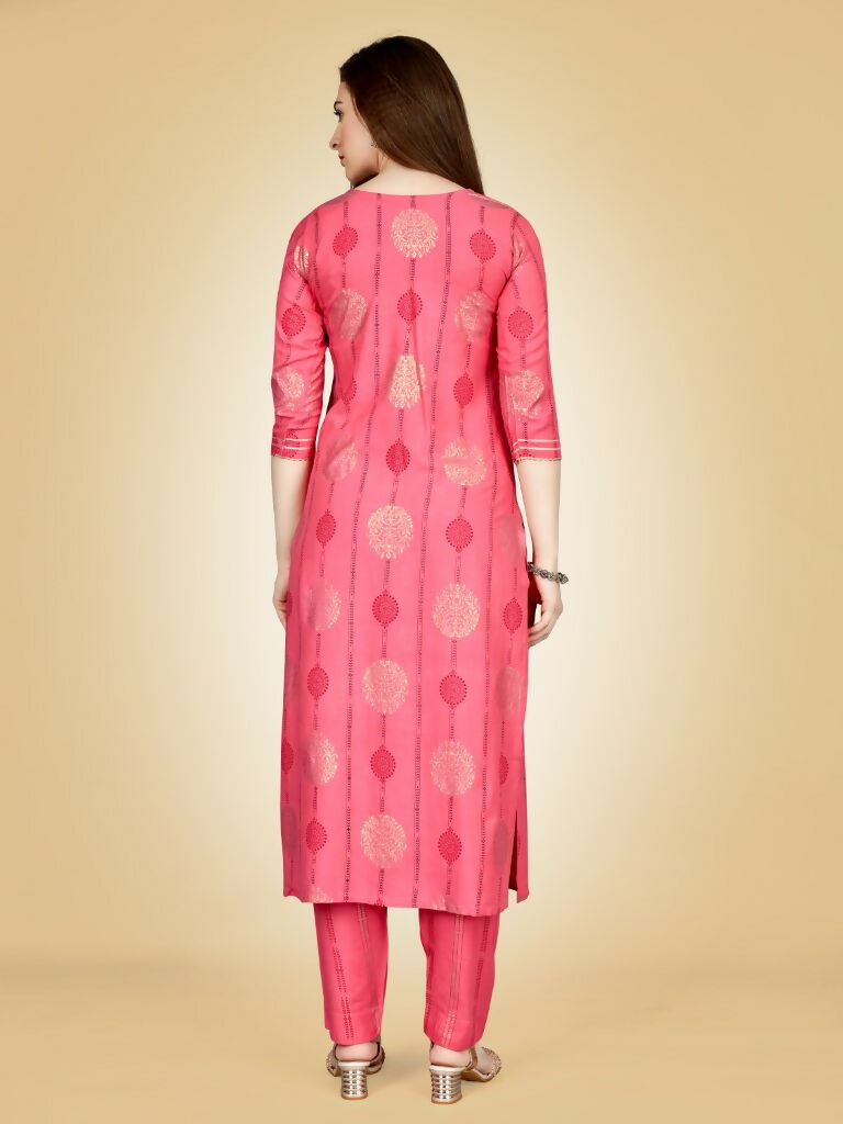 Women's Pink Embroidered Straight Kurta Pant Set in Viscose Rayon
