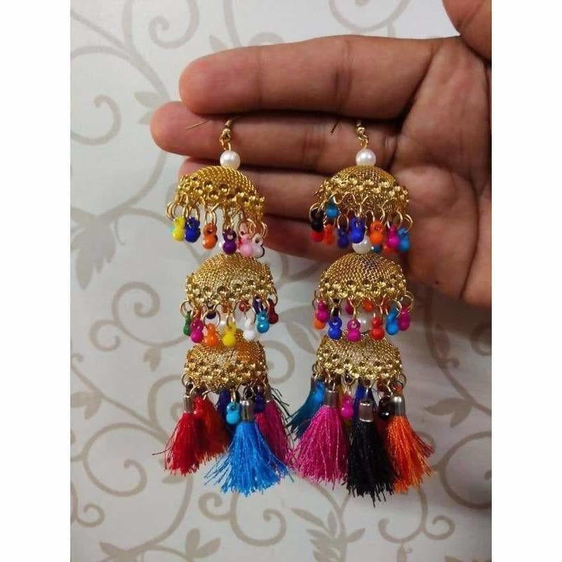 Traditional gold-tone jhumka earrings with multicolor silk thread details for ethnic wear