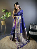 Royal blue soft silk leheriya saree featuring floral motifs and matching solid blouse