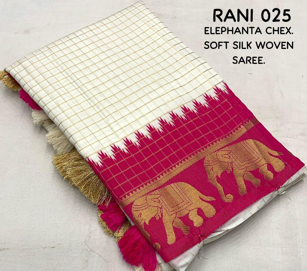 Rani Silk Zari Woven Saree with Elephant Border and Rich Pallu
