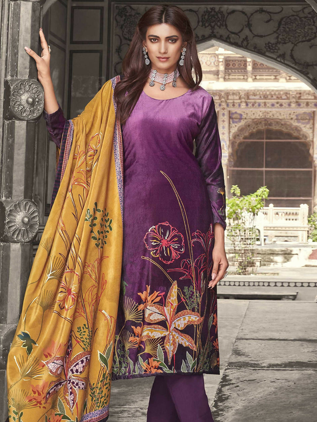 Purple Velvet Floral Digital Printed Kurta with Palazzo Set