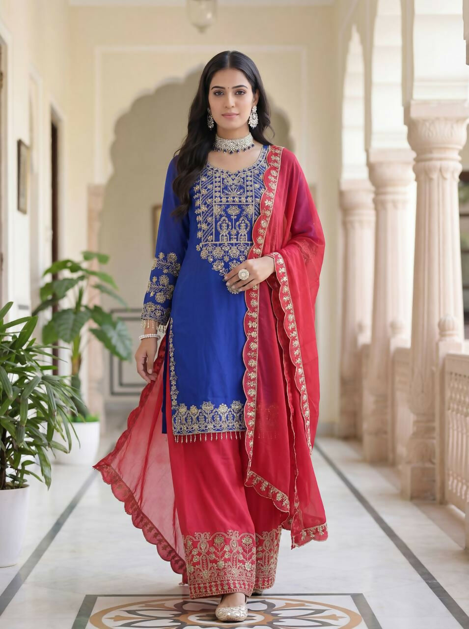 Blue Silk Embroidered Sharara Set for Traditional Occasions
