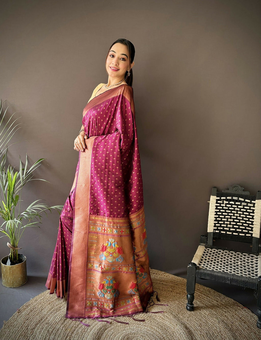 Maroon Jacquard Butti Soft Lichi Silk Paithani Saree