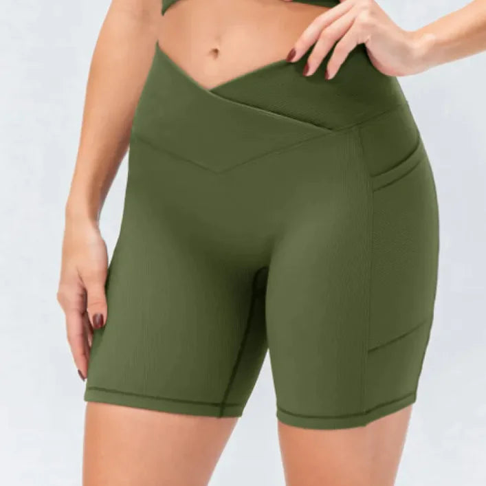 Women's Cross Waist Yoga Shorts with Pockets High Rise Activewear - Image 9