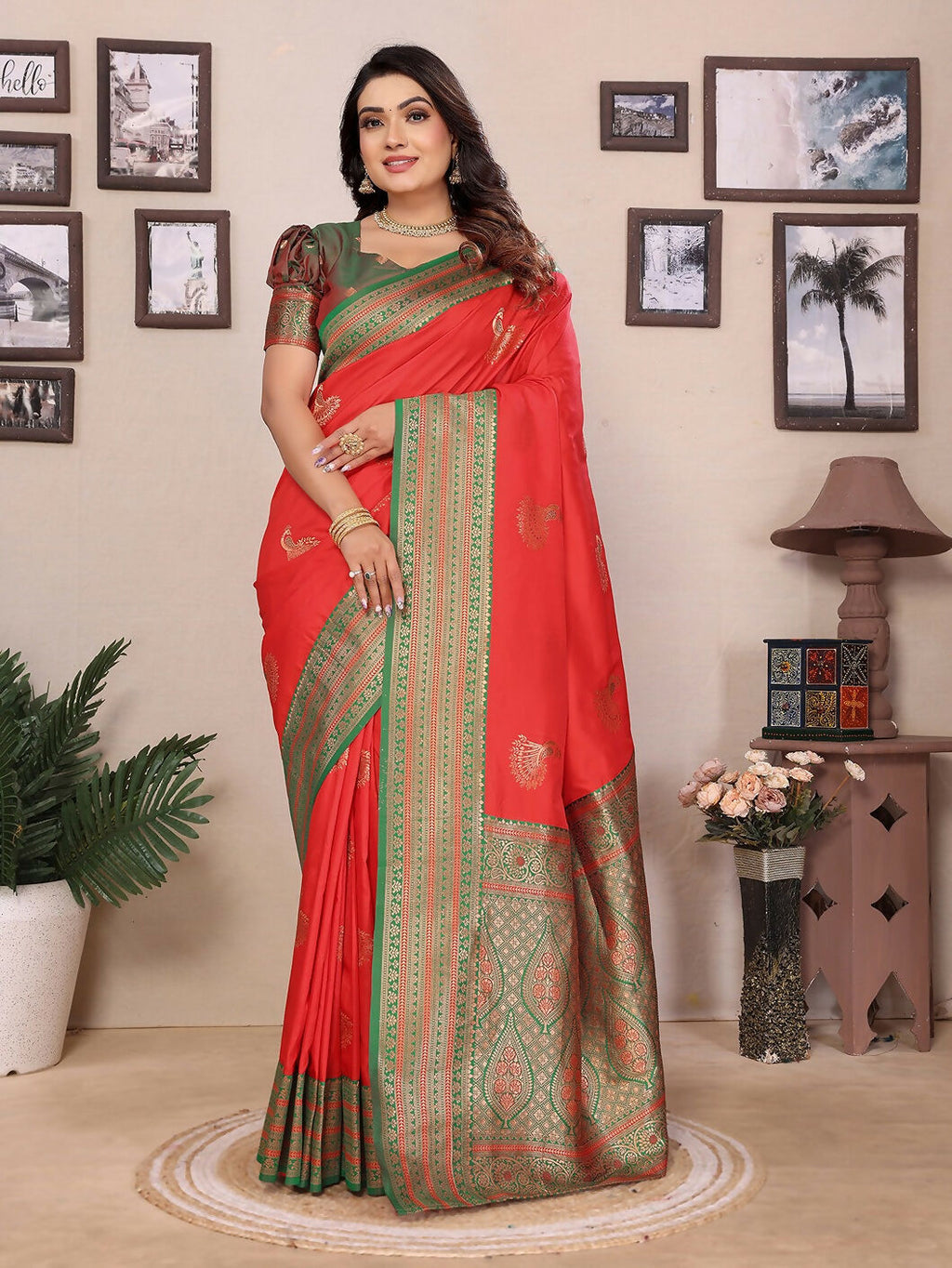 Red Banarasi soft silk saree with small butti detail and matching blouse