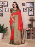 Red Banarasi soft silk saree with small butti detail and matching blouse