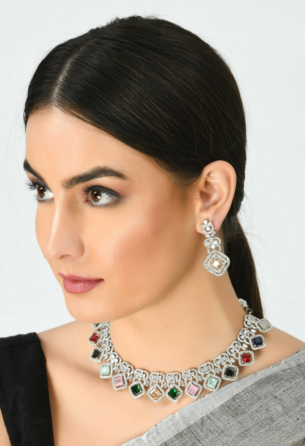 Multi-Color American Diamond Choker Necklace Set for Women