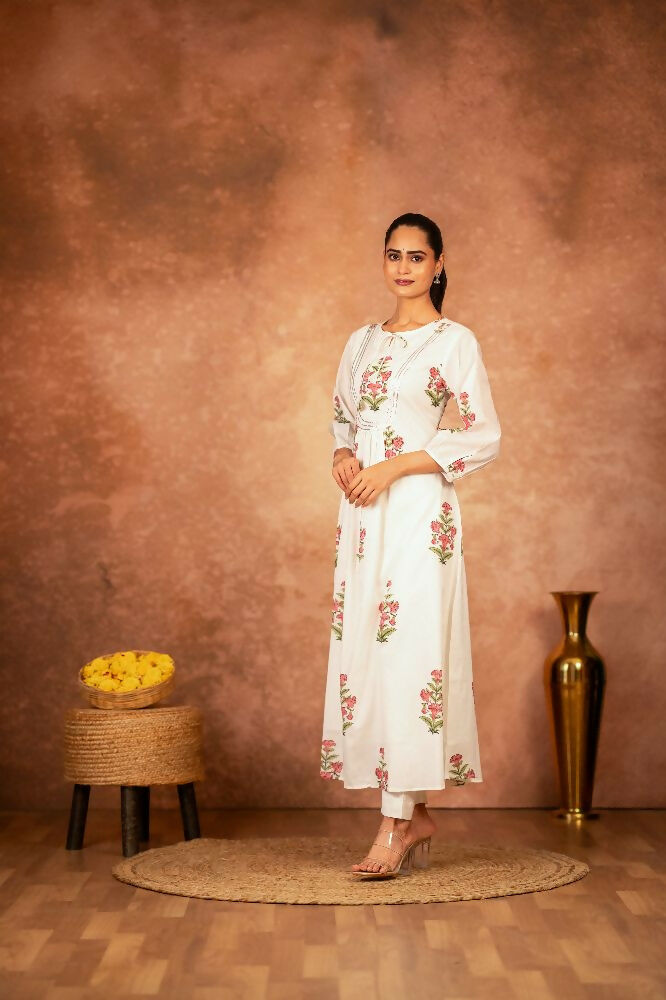 Off White & Pink Floral Hand Block Printed Cotton Kurta Set