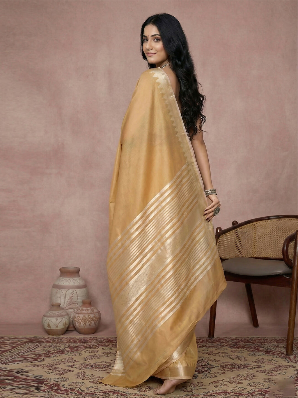 Golden Cotton Saree with Matching Blouse Piece