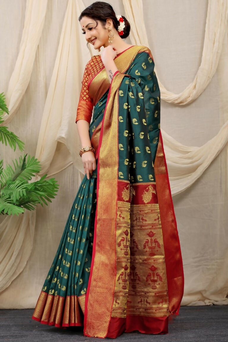 Bottle Green Banarasi Silk Zari Woven Saree with Red Blouse