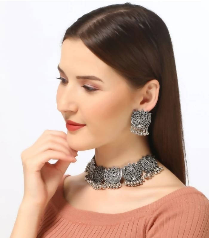 Oxidised Silver Lotus Motif Statement Choker Necklace Set