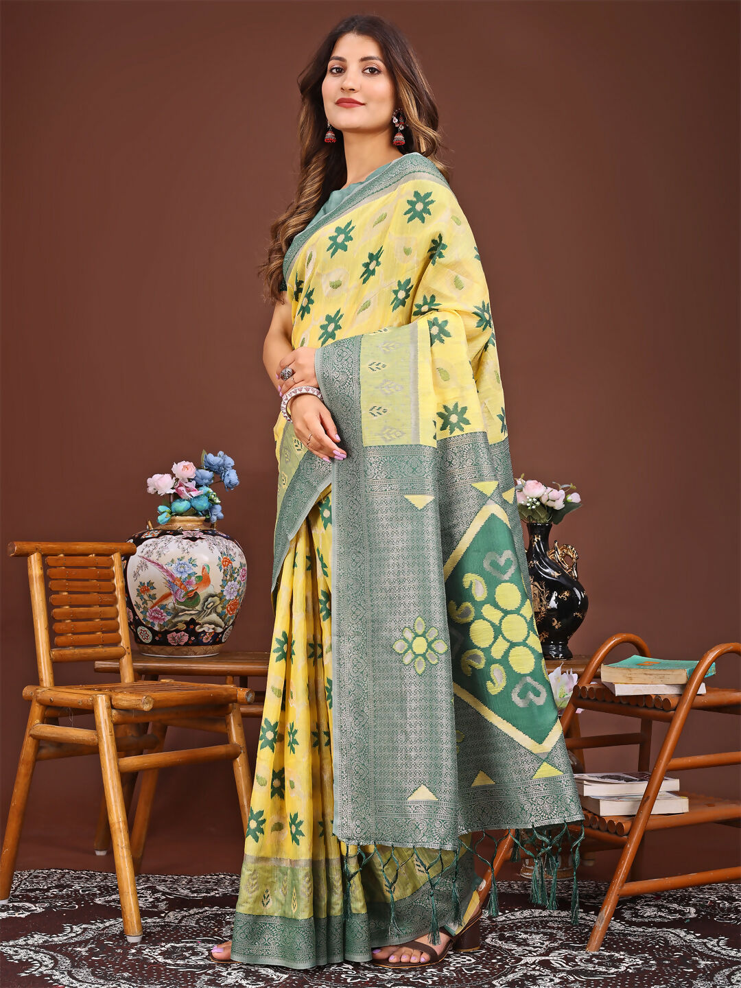 Sajni Yellow Linen Cotton Saree with Matching Blouse Piece