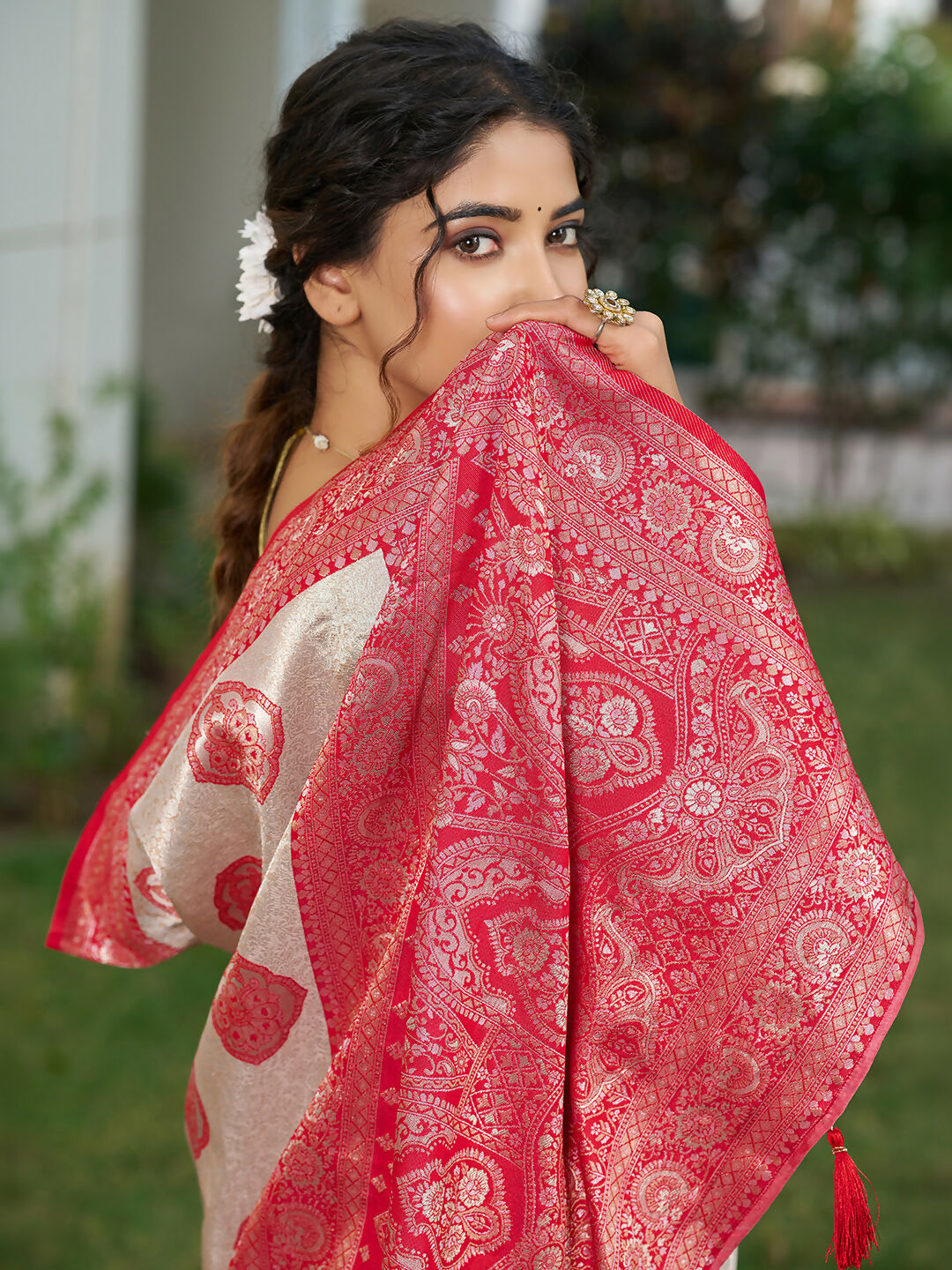 Cream and Red Silk Blend Saree with Matching Blouse