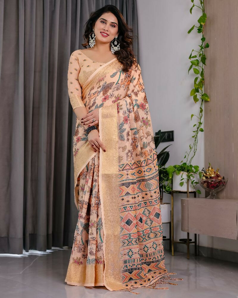 Cream Pure Handloom Linen Saree with Matching Blouse Piece