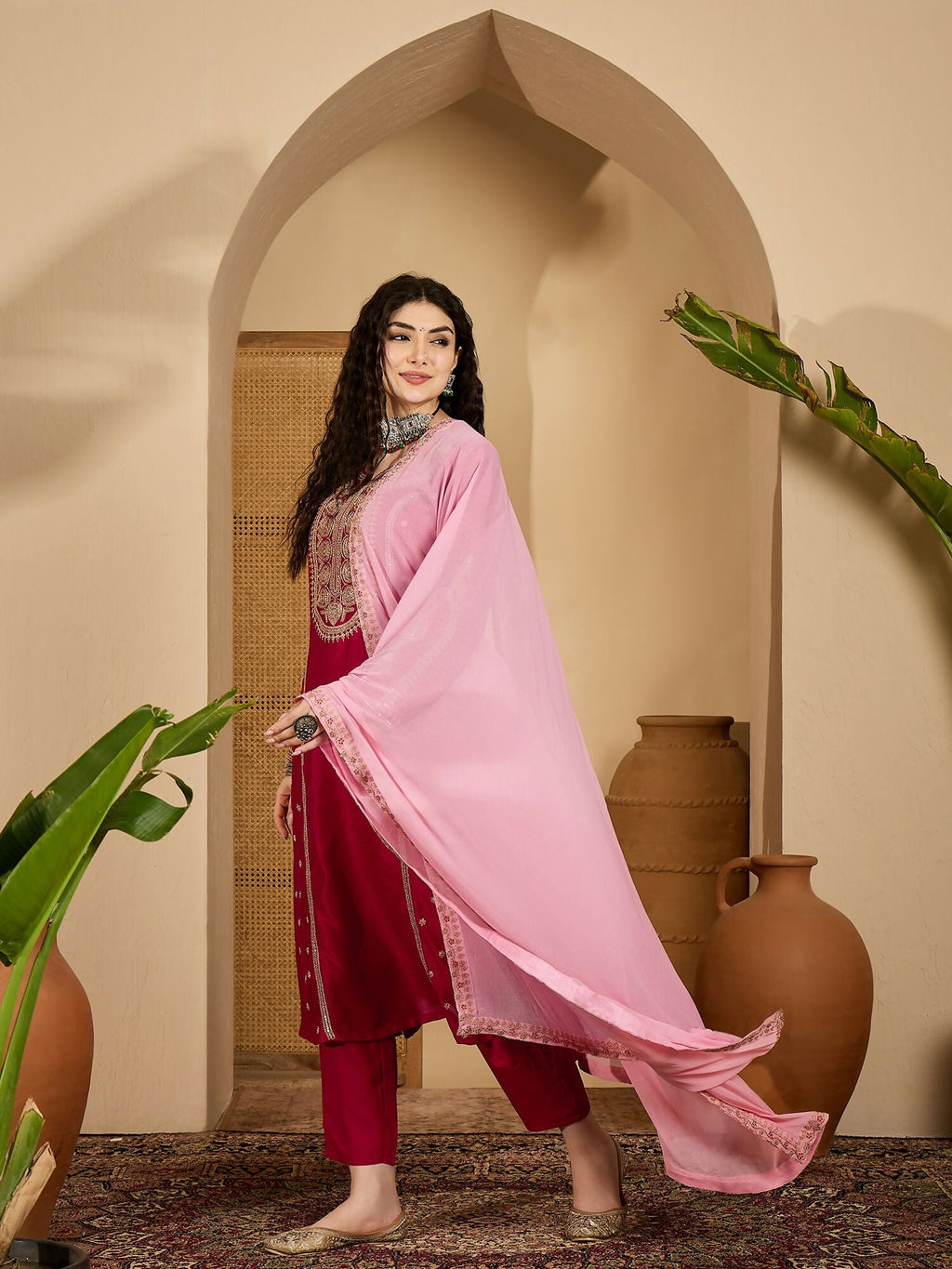 Embroidered Red Vichitra Silk Kurta Set for Festive Wear