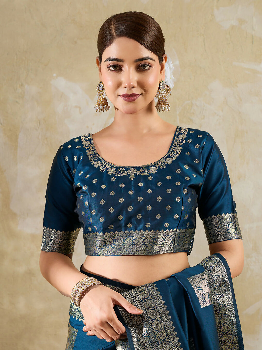 Teal Blue Silk Blend Saree with Matching Blouse Piece