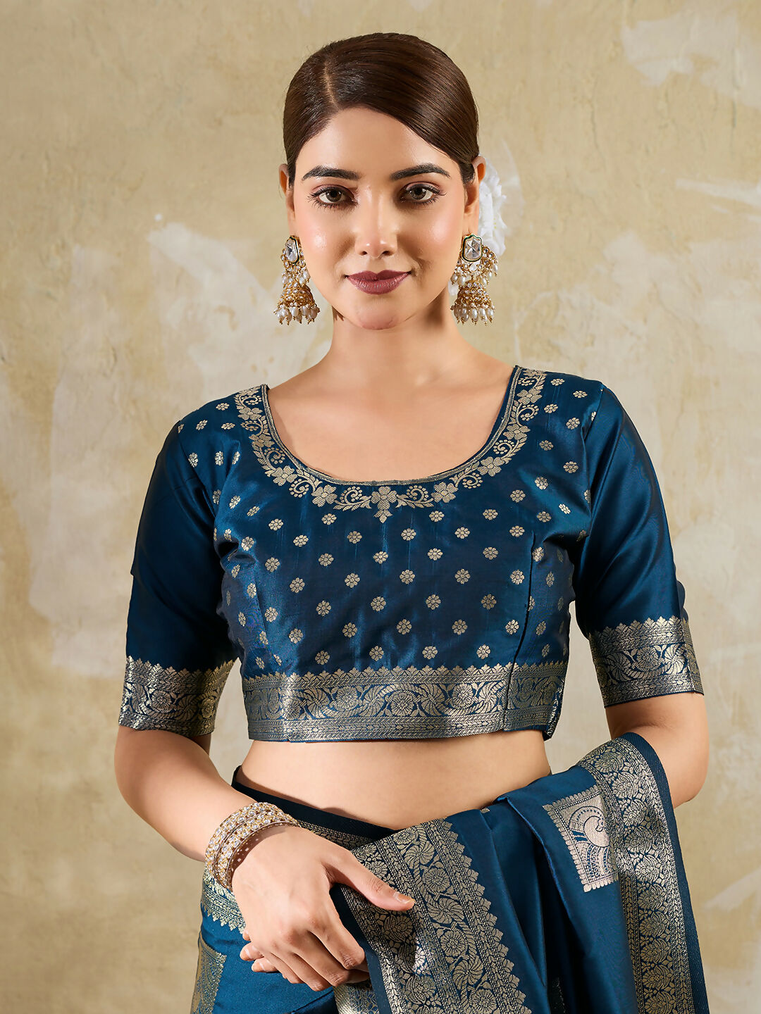 Teal Blue Silk Blend Saree with Matching Blouse Piece