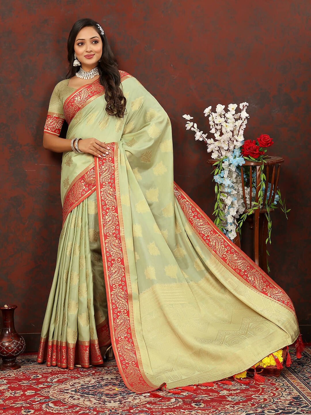 Seagreen Cotton Saree with Zari Weaving Design and Silk Blouse